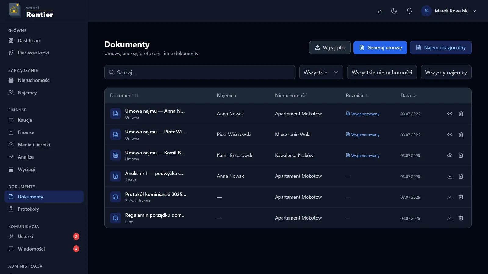Generator umowy najmu mieszkania w SmartRentier — formularz i gotowy PDF