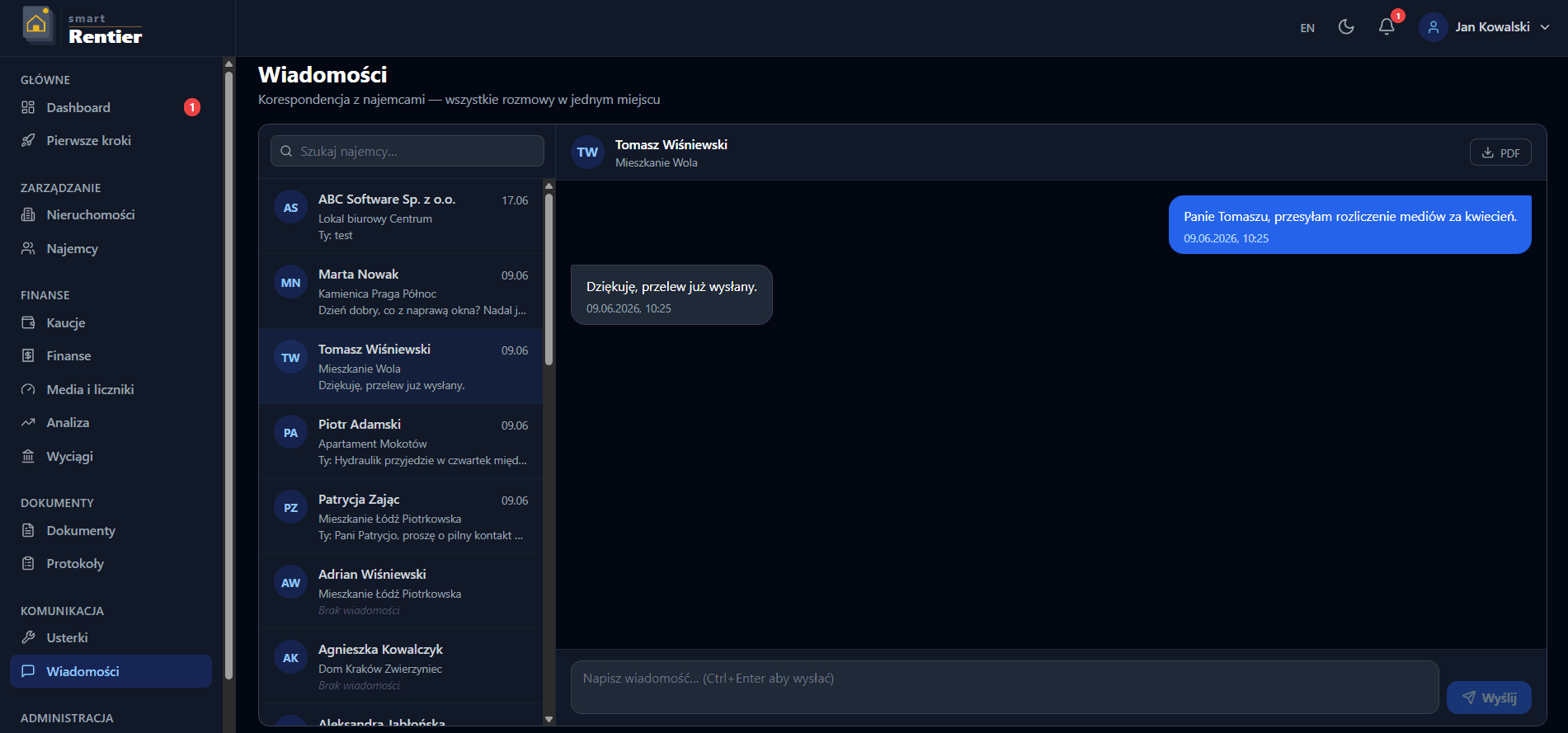 Komunikator z najemcami w SmartRentier