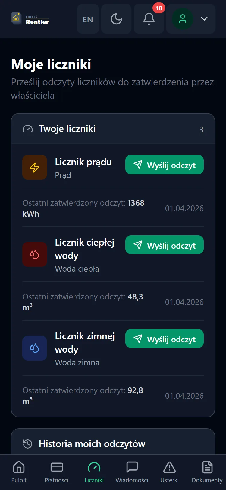 Liczniki w panelu najemcy na telefonie — wysyłanie odczytu prądu i wody