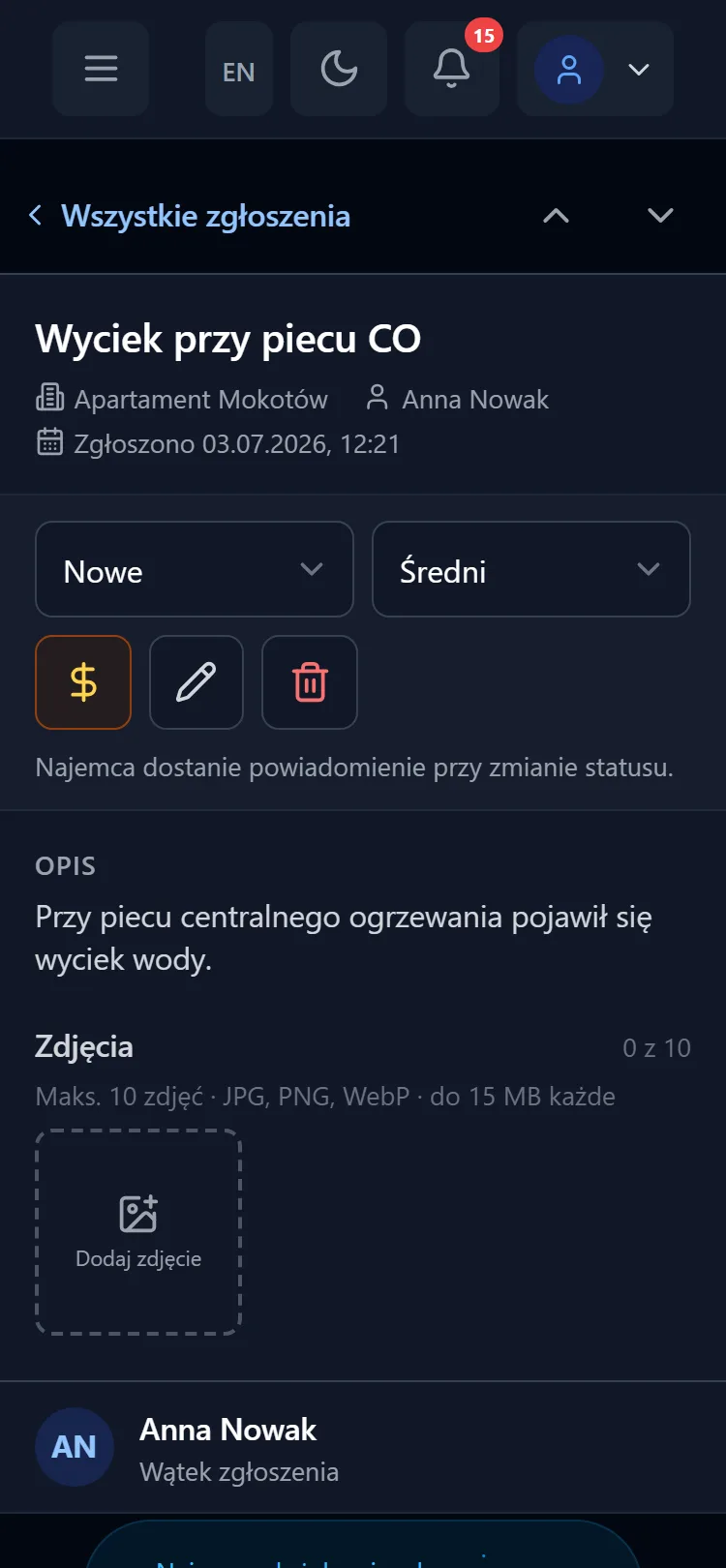 Zgłoszenie usterki w SmartRentier na telefonie — status, priorytet, opis i zdjęcia
